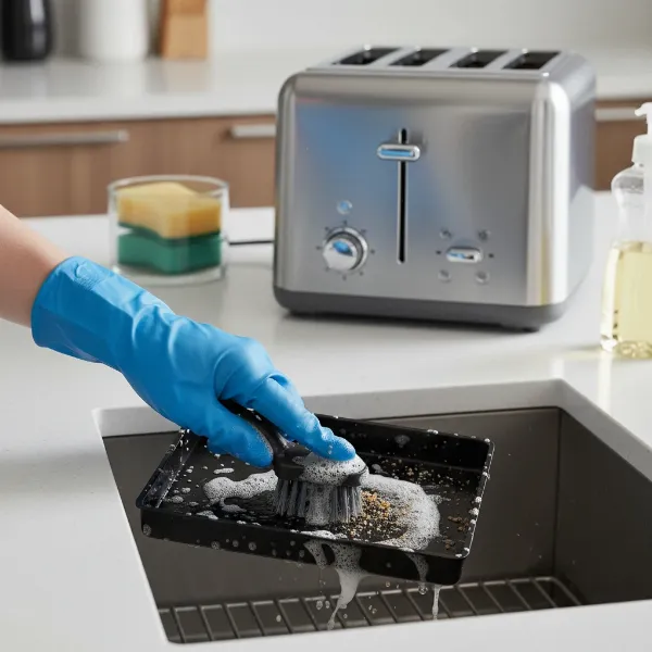 A hand cleaning a toaster crumb tray with a brush and soapy water. Clean toaster on a kitchen counter in the background. 