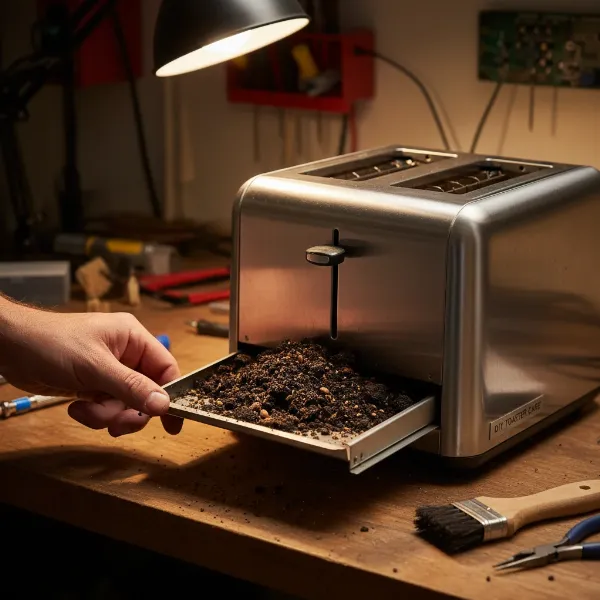 A hand carefully removing and emptying a toaster crumb tray, with crumbs visible.