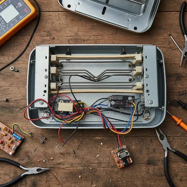 A disassembled toaster showing its internal components, including heating elements, wires, and the lever mechanism.